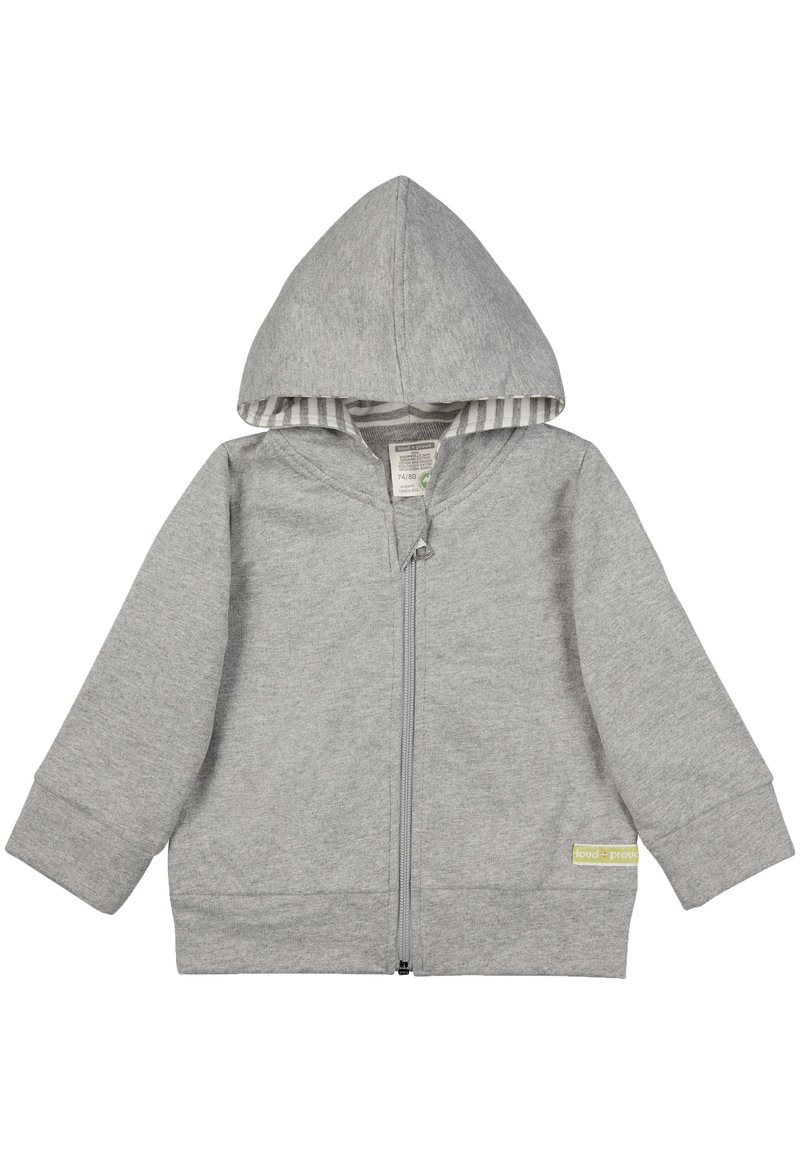 Felpa grigia con zip e cappuccio, realizzata in tessuto morbido. Presenta fodera a righe, polsini a costine e un piccolo etichetta sull'orlo.