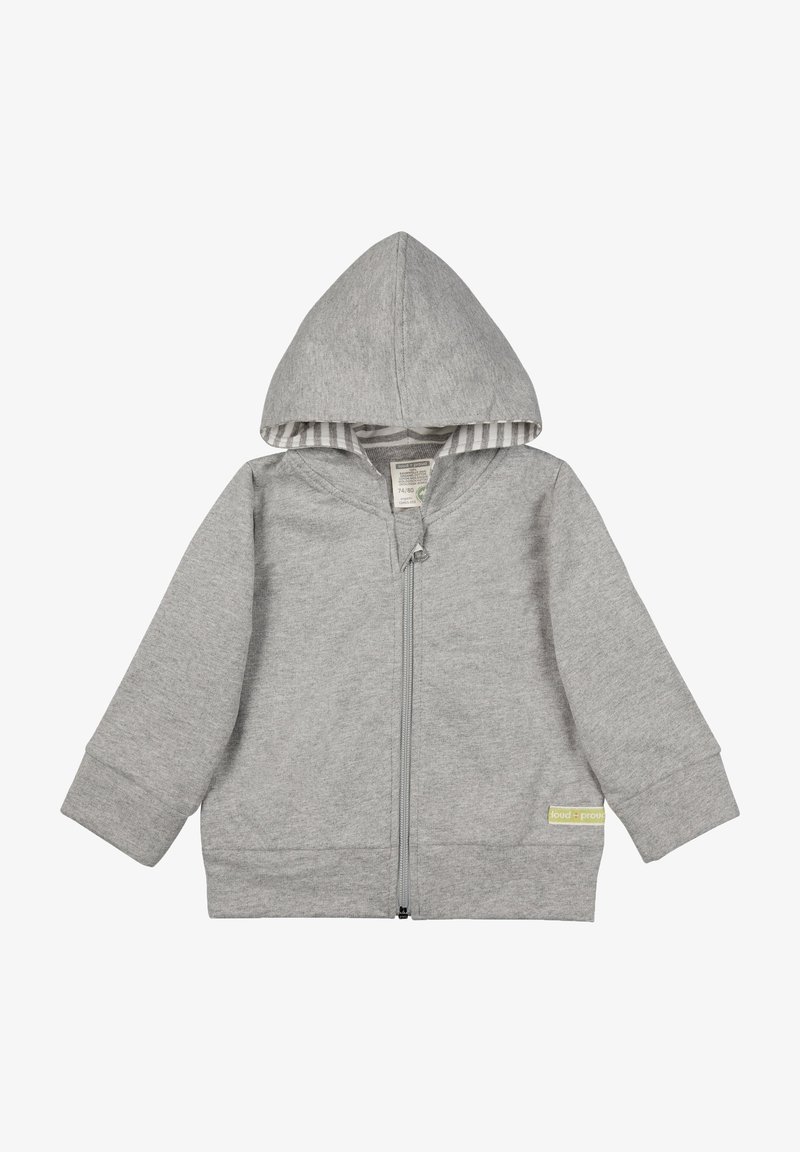 Felpa grigia con zip e cappuccio, realizzata in tessuto morbido. Presenta fodera a righe, polsini a costine e un piccolo etichetta sull'orlo.