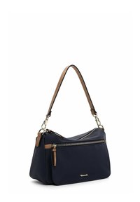 Navylederhandtasche mit abnehmbarem braunen Tragegurt, Reißverschluss-Vordertasche und dezentem goldenen Logo-Detail am Boden. Glatte Textur, strukturierte Form.