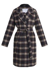 Abrigo de cuadros con cintura ceñida, que presenta tonos de azul marino oscuro, crema y rojo. Fabricado con una tela texturizada, cuenta con solapas anchas y mangas largas.