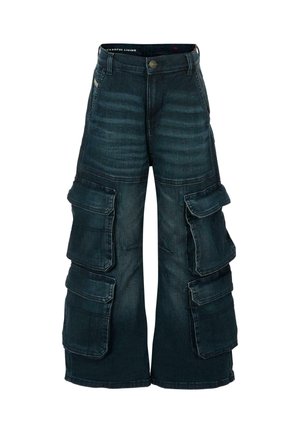 Pantalons cargo bleu foncé à jambes larges, dotés de plusieurs poches latérales, de détails cousus et d'une fermeture à bouton à la taille.