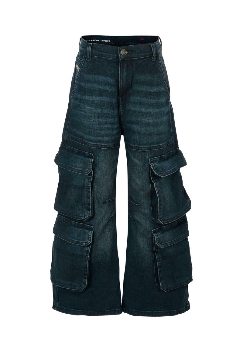Donkerblauwe cargobroek met wijde pijpen, uitgerust met meerdere zijzakken, gestikte details en een knoopsluiting in de taille.