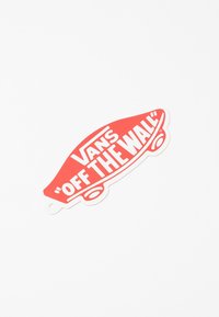 Red Vans logo in the shape of a skateboard with "OFF THE WALL" text in white, featuring a hole for attachment. Smooth texture.