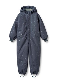 Tumesinine isoleeritud kombinesoon koos kapuutsiga, millel on peen korduv muster, elastsed mansetid ja kaks suurt eesmist taskut.