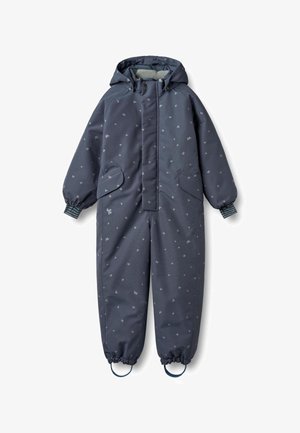 Marineblauer, isolierter Overall mit Kapuze, versehen mit einem dezenten, wiederholenden Muster, elastischen Bündchen und zwei großen Vorder Taschen.