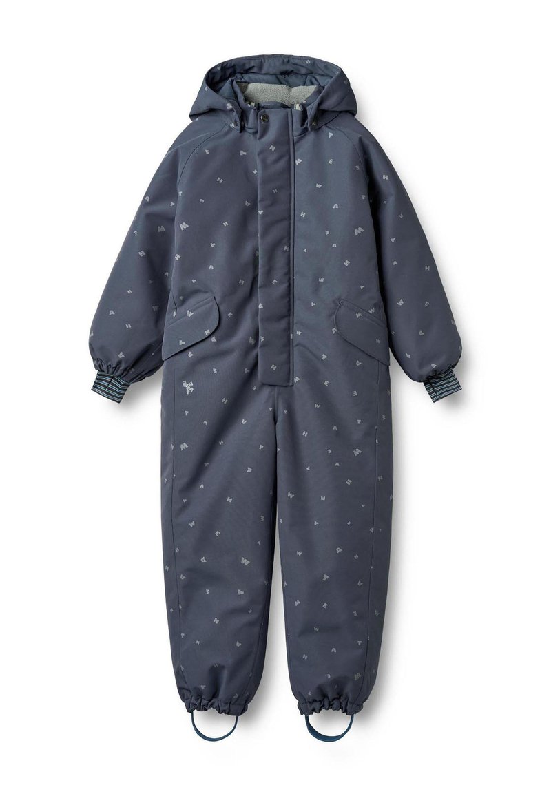 Tumesinine isoleeritud kombinesoon koos kapuutsiga, millel on peen korduv muster, elastsed mansetid ja kaks suurt eesmist taskut.