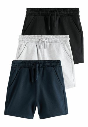 Trzy pary spodenek: czarne, szare i granatowe. Każda z nich ma elastyczny pas z sznurkiem, boczne kieszenie oraz miękki bawełniany materiał.