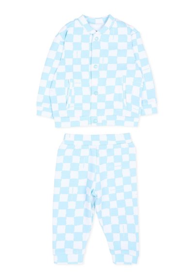 Ensemble veste et pantalon taille tout-petit avec motif à carreaux bleu clair et blanc, devant boutonné et taille élastique sur le pantalon.