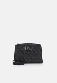 Czarna torebka na ramię z ekoskóry z wzorem diamentu, złotymi okuciami i plakietką z logo. Posiada odpinany pasek i zamknięcie na zamek.