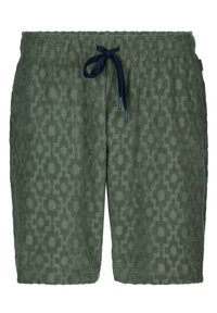 Groene textielshorts met een gestructureerd geometrisch patroon, voorzien van een elastische tailleband en een marineblauwe trekkoord.
