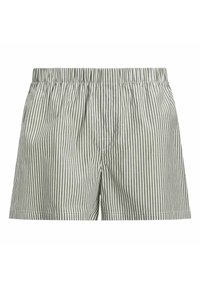 Shorts rayés pour hommes en vert clair et blanc, fabriqués en coton léger, avec une taille élastique et une coupe décontractée.