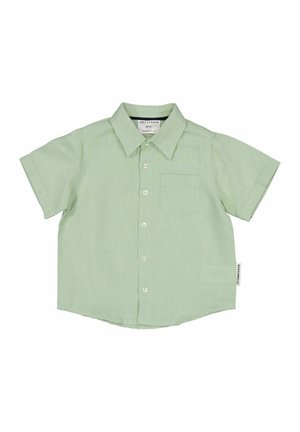 Lysegrøn kortærmet skjorte med knapper, krave og brystlomme, vist fladt mod en hvid baggrund.