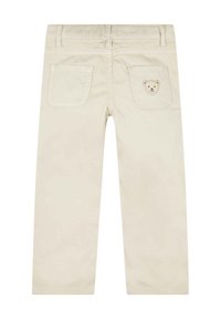 Pantaloni in cotone beige con taglio dritto. Presentano due tasche posteriori, una delle quali con ricamo di un volto d'orso. Tessuto liscio, vita standard.