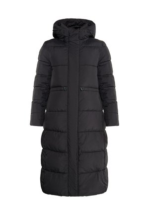 Schwarze Pufferjacke mit Kapuze, mit horizontalem Steppmuster, zwei vorderen Reißverschlusstaschen und einem langen, geraden Schnitt.