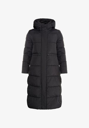 Schwarze Pufferjacke mit Kapuze, mit horizontalem Steppmuster, zwei vorderen Reißverschlusstaschen und einem langen, geraden Schnitt.