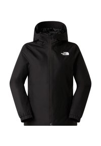 Μαύρο αδιάβροχο μπουφάν με φερμουάρ μπροστά, ρυθμιζόμενη κουκούλα, ελαστικές μανσέτες και λευκό λογότυπο στο αριστερό στήθος. Λείο υλικό, μινιμαλιστικός σχεδιασμός.