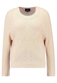 Krémový pletený svetr s kulatým výstřihem, žebrovaným lemem a složitým texturovaným vzorem na přední straně. Dlouhé rukávy.
