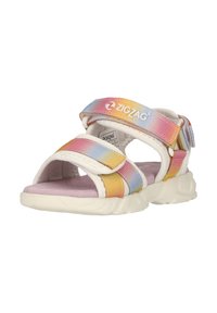 Børnesandal med hvid sål og justerbare, regnbuefarvede remme med mærket "ZIGZAG" på den øverste rem.