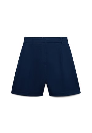 Shorts blu navy a vita alta con passanti per cintura, dettagli di cucitura frontali e finitura pulita e sartoriale su sfondo bianco.