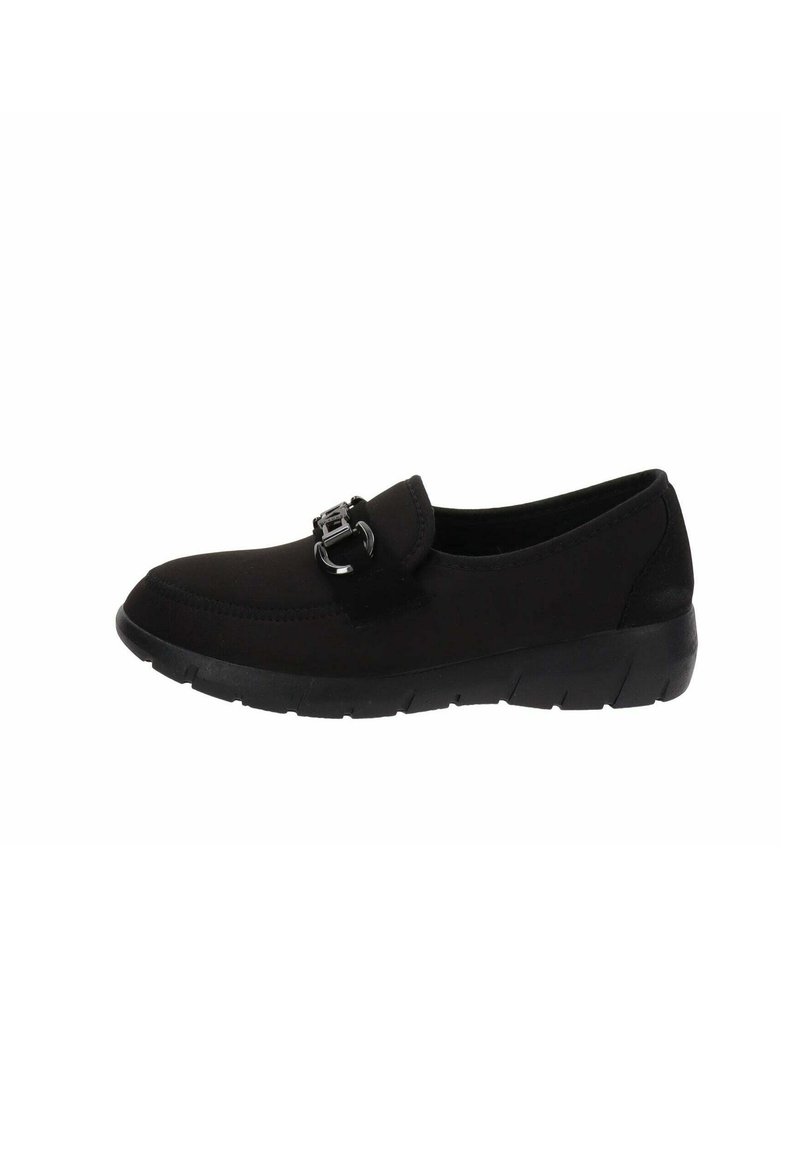 Scarpa nera slip-on con tomaia in tessuto liscio, suola piatta in gomma e un accentuato dettaglio decorativo a forma di fibbia. Design elegante e slanciato.
