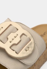 Sandale à glissière beige avec une boucle dorée brillante, dessus en daim lisse, semelle intérieure en liège et détails de couture légers le long des bords.