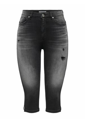Zwart vervaagde skinny cropped jeans met versleten gaten op de voorkant van de dijen en een vijfzakkenontwerp.