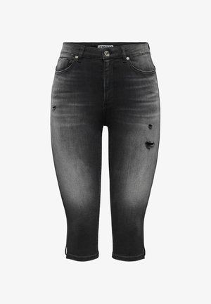 Vaqueros pitillo negros descoloridos y recortados con agujeros desgastados en la parte delantera de los muslos y estilo de cinco bolsillos.