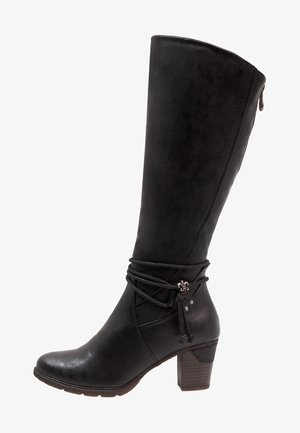 Knöchelhoher schwarzer Stiefel aus Kunstleder mit runder Zehenpartie, strukturiertem Finish und einer gebundenen Schnur-Akzent am Knöchel. Verfügt über einen stabilen Absatz.