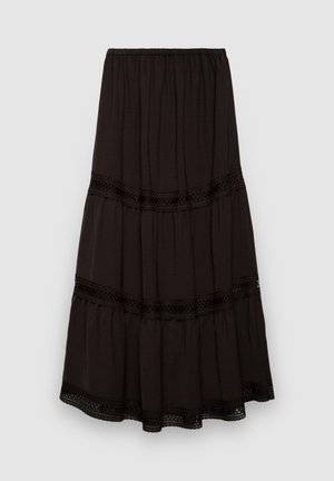 Gonna nera a balze in tessuto leggero con vita elasticizzata. Presenta un bordo in pizzo tra le balze. Design fluente con orlo arricciato.