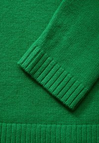 Pull vert tricoté avec poignets et ourlet côtelés, présentant une texture douce et un motif de points réguliers, mettant en valeur une couleur vive et unie.