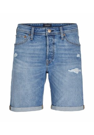 Shorts di denim blu con risvolti, bottone frontale, tasche e leggere zone consumate su entrambe le gambe.