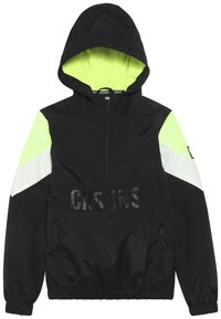 Černá bunda s kapucí s neonově zelenými akcenty, bílými pruhy na ramenou a přední kapsou. Má zapínání na zip a elastické manžety. Natištěný text "CRS UNS".