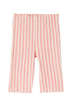 Cream-colored shorts with vertical pink stripes, elastic waistband, and ruffled hems.