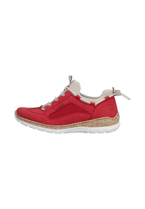 Red low-top sneaker with beige cushioned collar, white laces, textured beige midsole, and white rubber outsole, side view on white background.