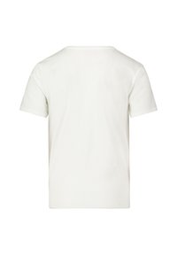Hvid t-shirt med korte ærmer og rund halsudskæring, der har et struktureret mønster på stoffet og en lige skæring i kanten.