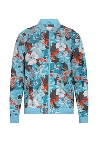 Blumige Bomberjacke mit einem blauen, grauen und roten Muster, mit einem Reißverschluss und gerippten Bündchen, hergestellt aus leichtem Stoff.
