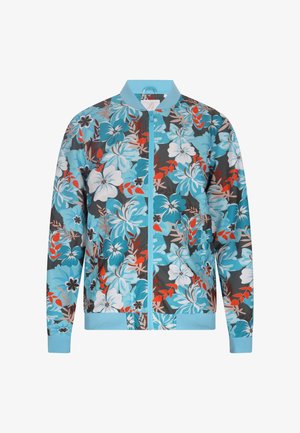 Blumige Bomberjacke mit einem blauen, grauen und roten Muster, mit einem Reißverschluss und gerippten Bündchen, hergestellt aus leichtem Stoff.