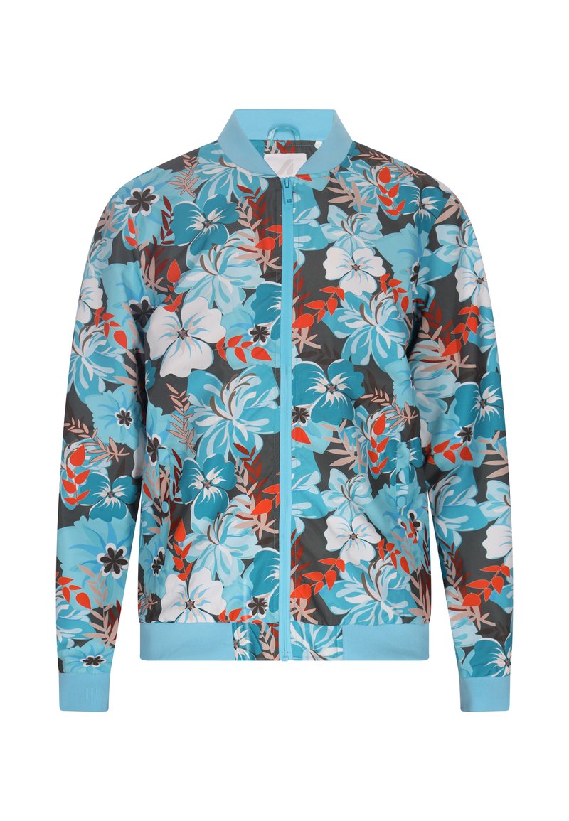 Blumige Bomberjacke mit einem blauen, grauen und roten Muster, mit einem Reißverschluss und gerippten Bündchen, hergestellt aus leichtem Stoff.