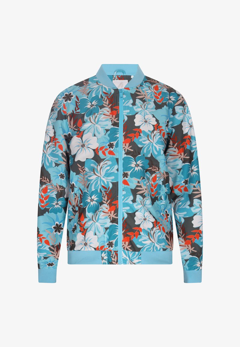 Blumige Bomberjacke mit einem blauen, grauen und roten Muster, mit einem Reißverschluss und gerippten Bündchen, hergestellt aus leichtem Stoff.