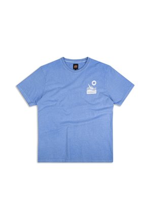 Svetlomodré bavlnené tričko s okrúhlym výstrihom a krátkymi rukávmi. Na prednej strane sa nachádza biele logo a dizajn v oblasti hrudníka. Mäkka textúra.