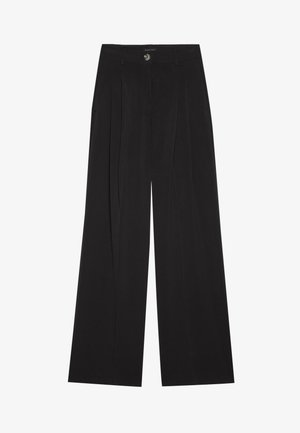 Black wide-leg trousers with pleats, featuring a button closure and two side pockets; smooth texture with a tailored design.