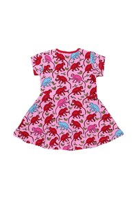 Sukienka z krótkim rękawem w różowym kolorze z bawełny, z wesołym wzorem dinozaurów w kolorach czerwonym, niebieskim i różowym. Rozkloszowany dół oraz okrągły dekolt.