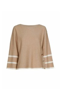 Beige gebreide trui met brede mouwen, voorzien van twee witte strepen op elke arm en knoopdetails aan de zijkant. Zachte textuur.
