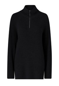 Sort strikket zip-sweater med høj krave, lange raglanærmer og et struktureret mønster. Har en kort lynlåsdetalje på fronten.