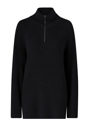 Zwarte gebreide zip-up trui met een hoge kraag, lange raglanmouwen en een gestructureerd patroon. Voorzien van een kort ritsdetail aan de voorkant.