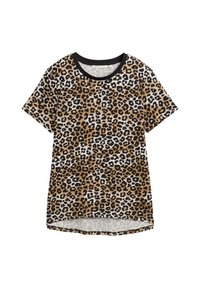 T-shirt imprimé léopard avec un col rond noir, des manches courtes et un ourlet arrière plus long. Le matériau semble doux et léger.