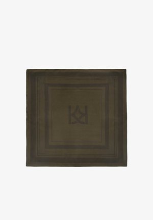 Roheline kangast ruut tumeda pruuniga äärega, millel on keskel logo kujundus. Sile tekstuur ja minimalistlik geomeetriline muster.