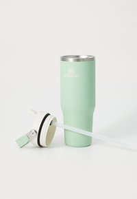Lys grønn Stanley isolert tumbler med sølvkant og hvit lokk med festet sugerør, satt mot en hvit bakgrunn.