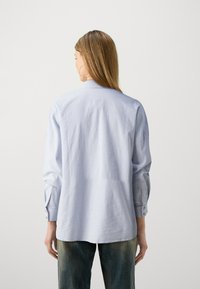 Lichtblauw gestreept shirt met lange mouwen en knoopmanchetten, met een rugpas en een rechte zoom. Draagt met vervaagde groene spijkerbroek.