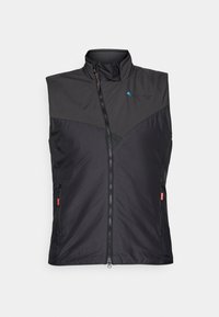 Gilet isolato nero con colletto alto, chiusura a zip, tasche laterali e dettagli in rete sul davanti. Design leggero e elegante.